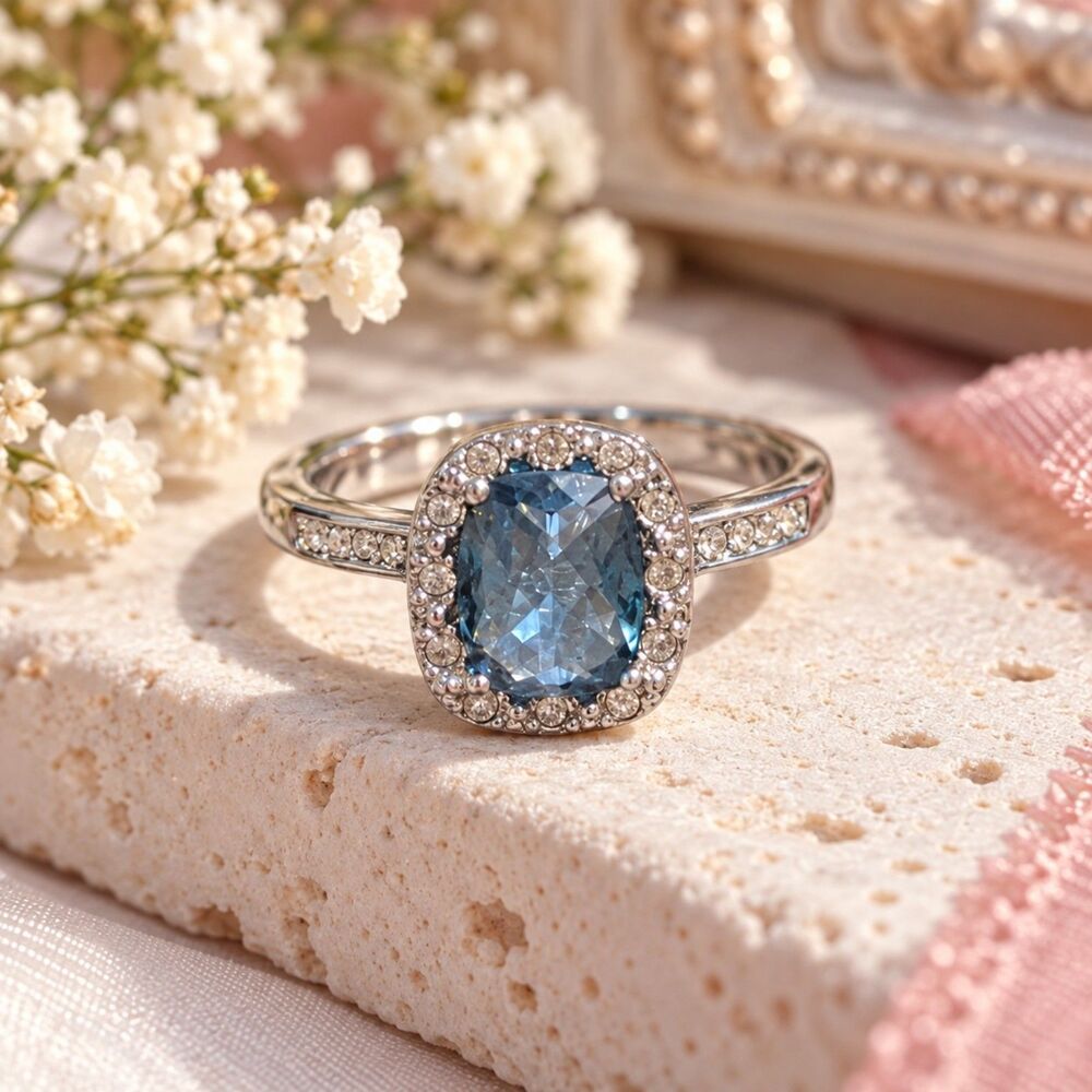Blue Cushion Cut Halo Ring Silver Tone Rhinestone Statement Ring Size 9.5
